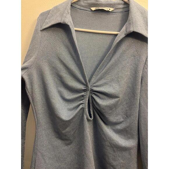 Zara Icy Blue Metallic Collared Keyhole Cutout Long Sleeve Top Size XL - Picture 2 of 8
